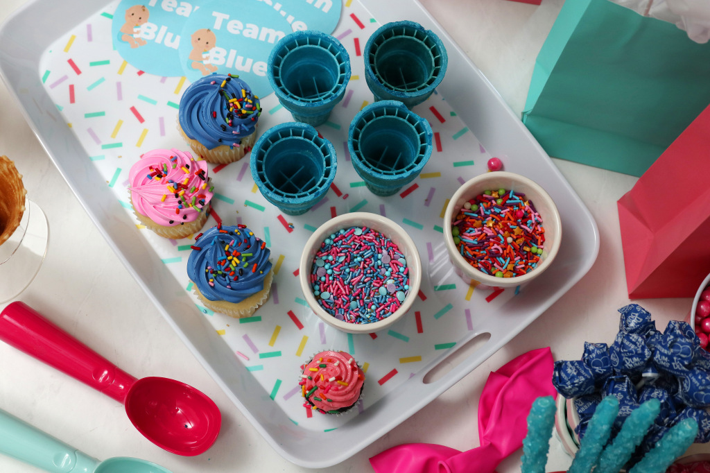 prepping gender reveal ice cream cones
