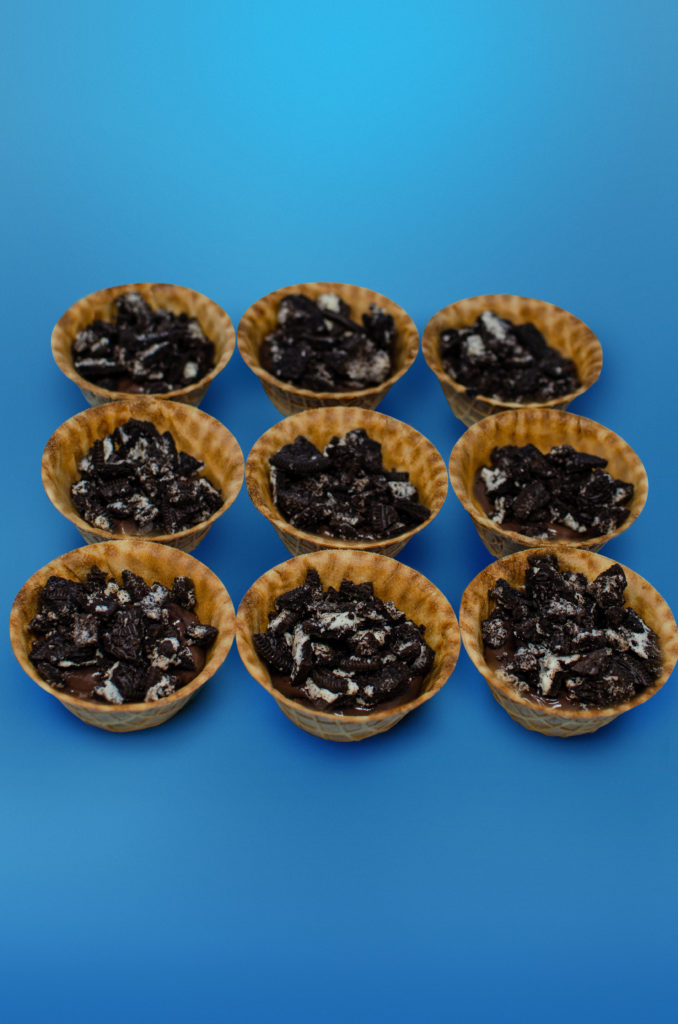 Oreo, Brownie, and frosting in a joy cone bowl